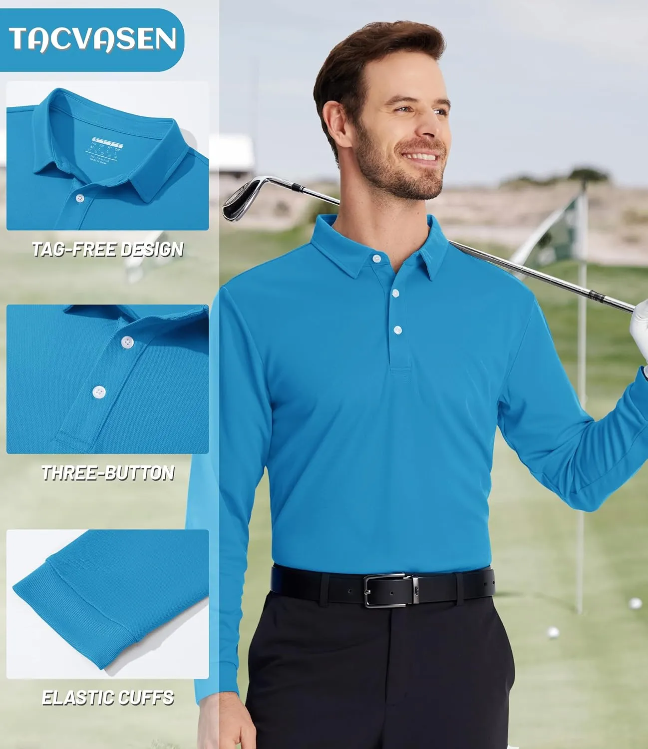 TACVASEN Men's Polo Shirts Long Sleeve Golf Quick Dry Moisture Wicking Lightweight Casual Shirt with 3-Buttons