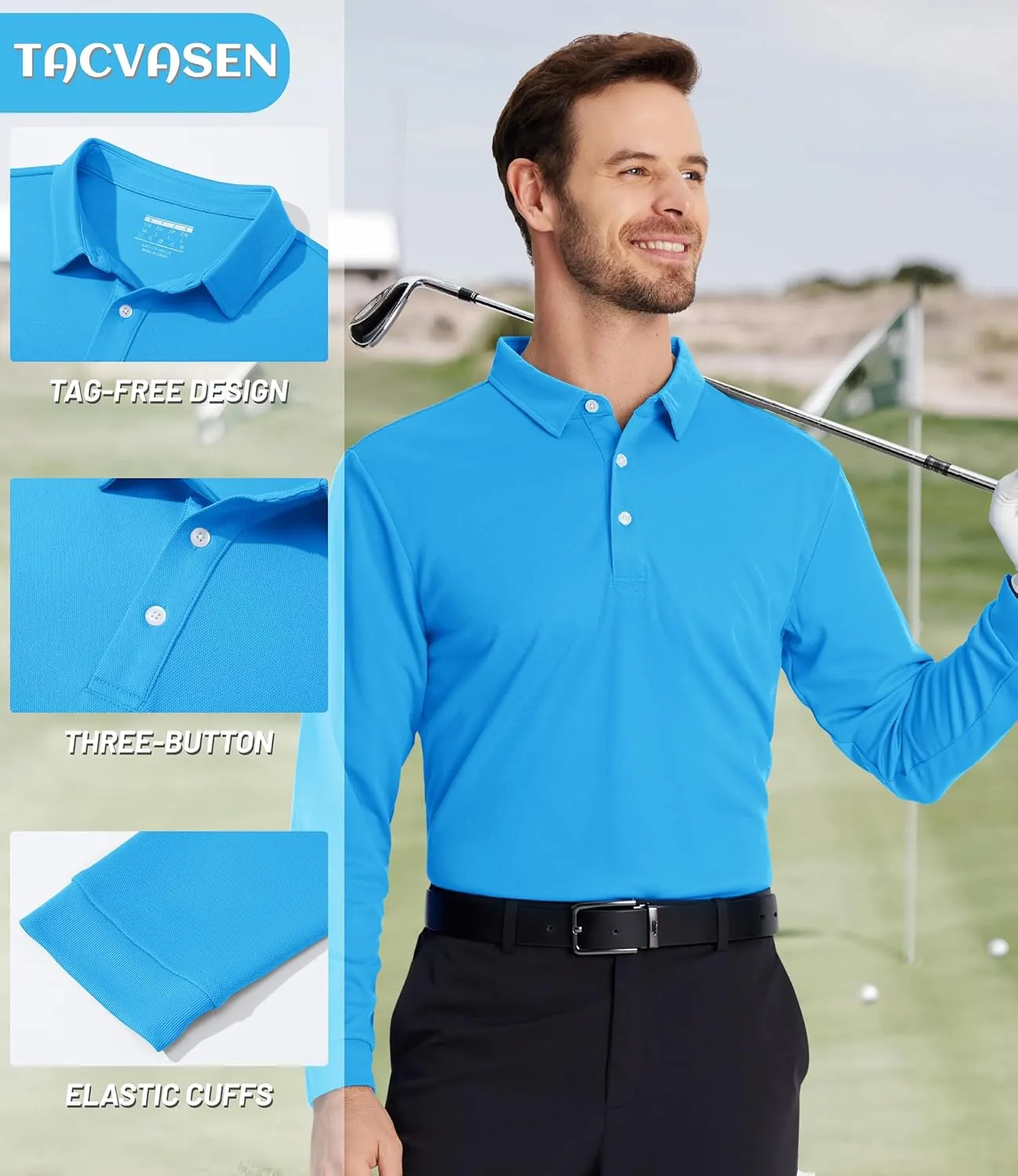 TACVASEN Men's Polo Shirts Long Sleeve Golf Quick Dry Moisture Wicking Lightweight Casual Shirt with 3-Buttons