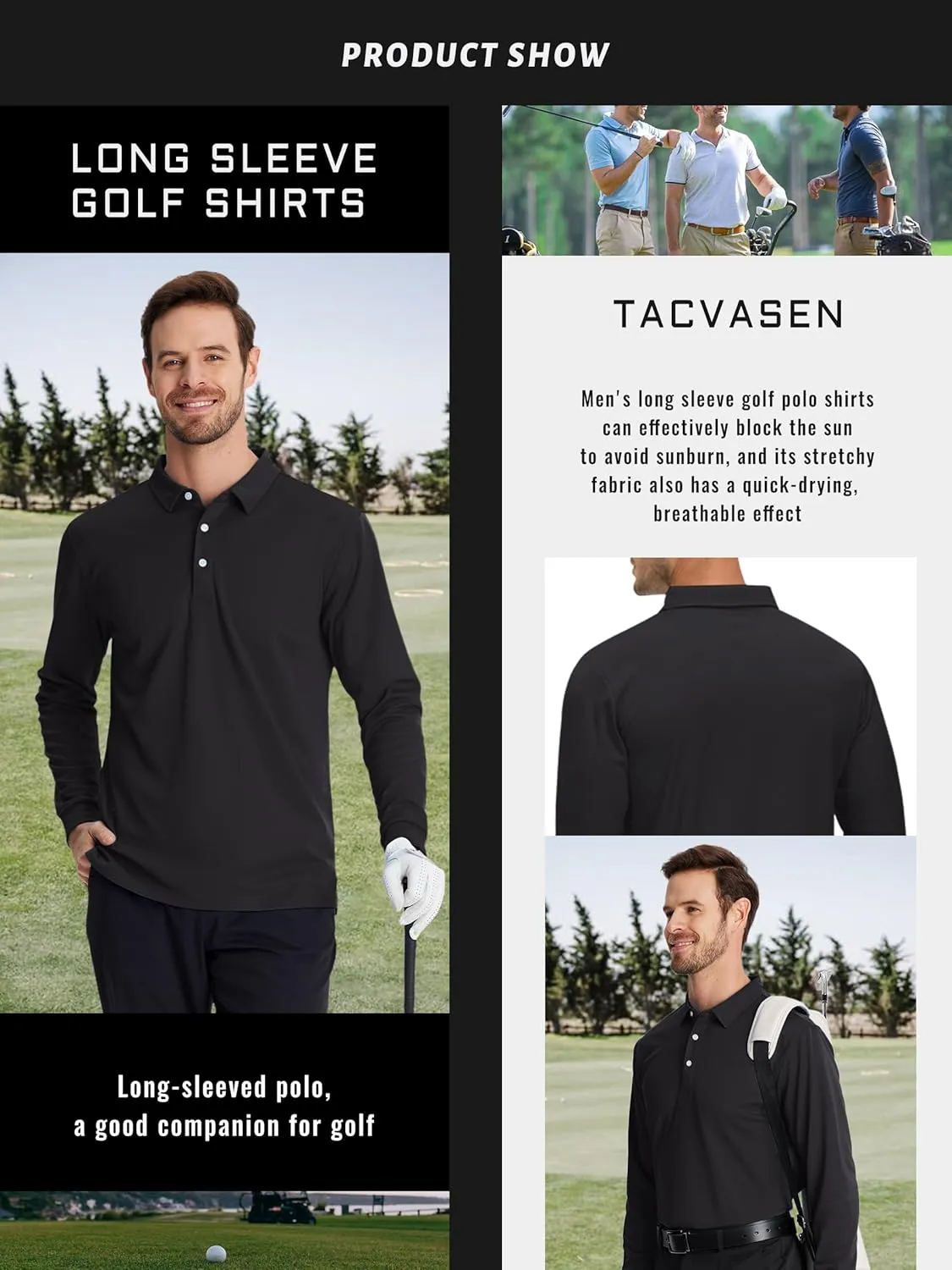 TACVASEN Men's Polo Shirts Long Sleeve Golf Quick Dry Moisture Wicking Lightweight Casual Shirt with 3-Buttons