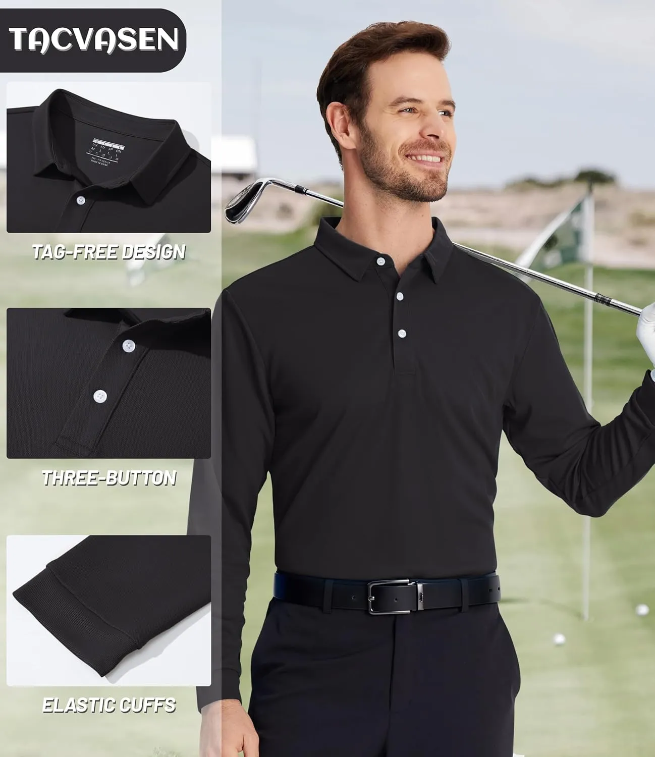TACVASEN Men's Polo Shirts Long Sleeve Golf Quick Dry Moisture Wicking Lightweight Casual Shirt with 3-Buttons