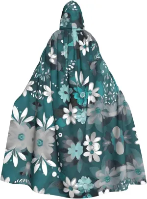 Teal grey and white floral unisex halloween party role-playing hooded cloak renaissance medieval costume - soft and comfortable