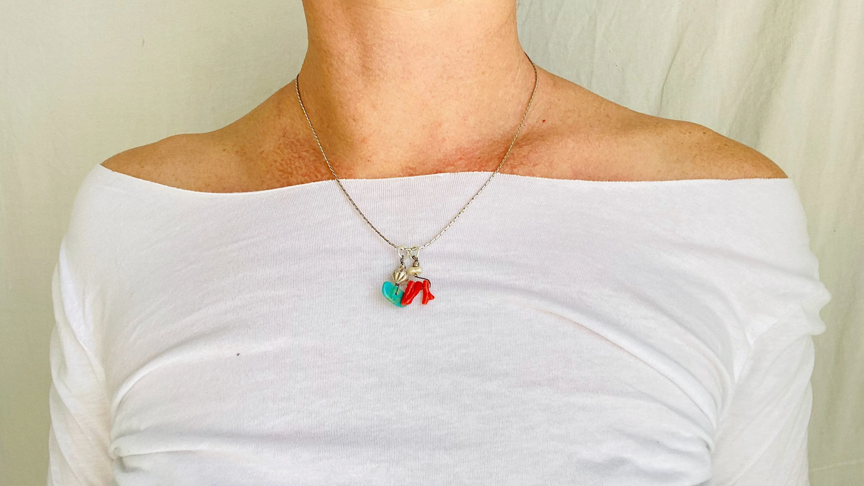 Turquoise and Coral Charm Necklace