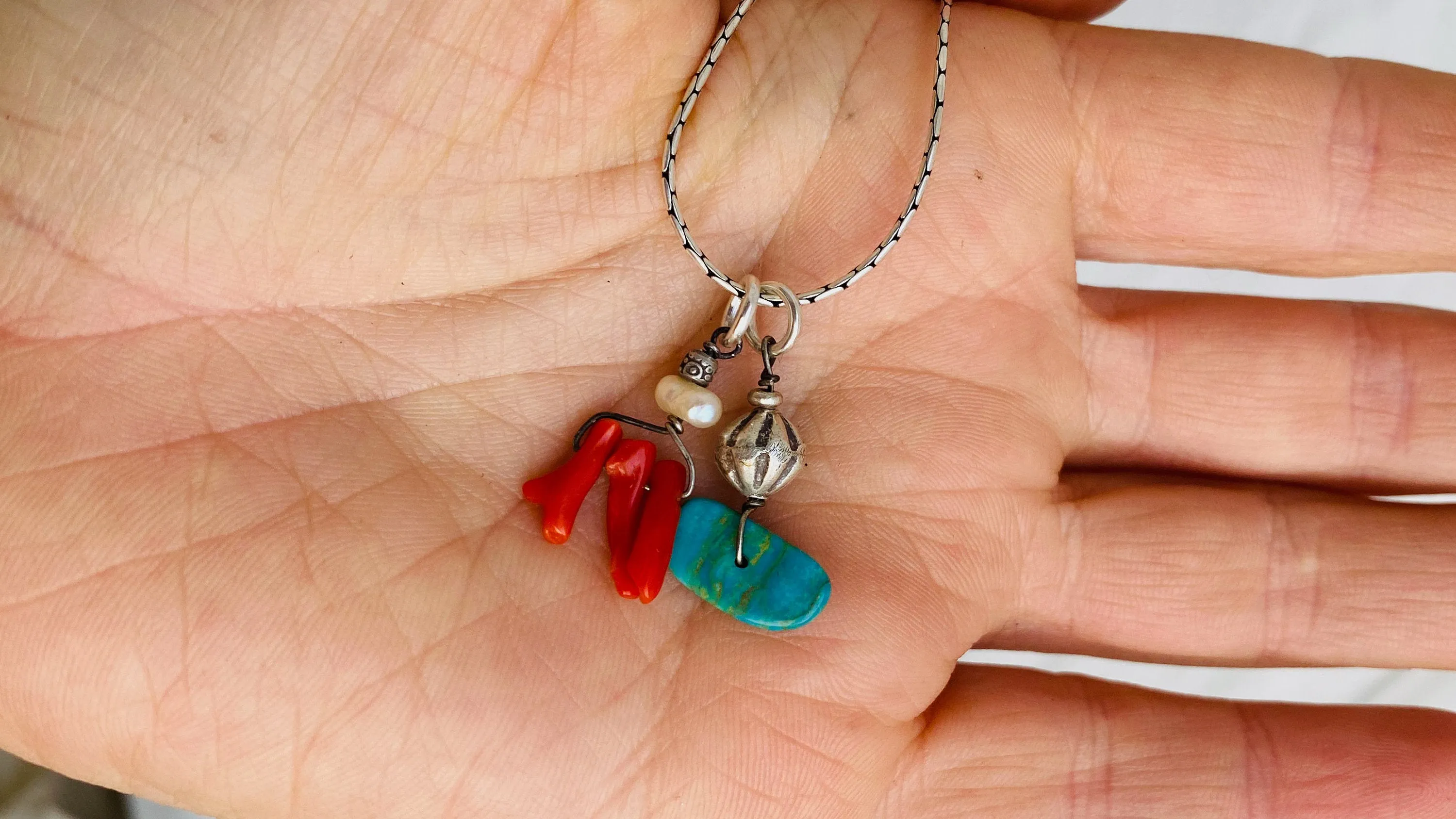Turquoise and Coral Charm Necklace