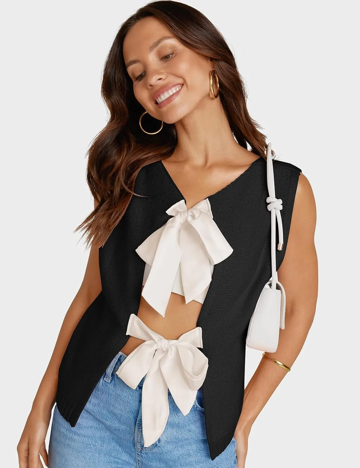 UEU Womens Sweater Vest Bow Tie Back Knitted Tank Tops Casual Crop Vest Tops 2025 Y2K Fashion Clothes
