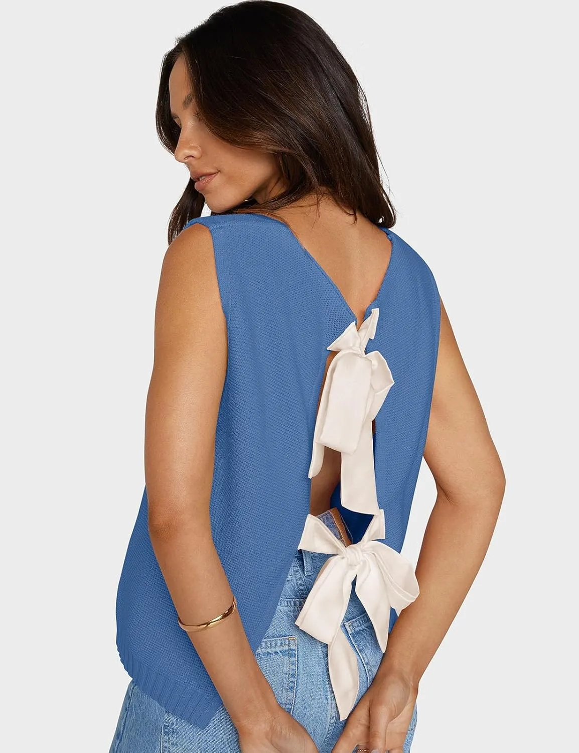 UEU Womens Sweater Vest Bow Tie Back Knitted Tank Tops Casual Crop Vest Tops 2025 Y2K Fashion Clothes