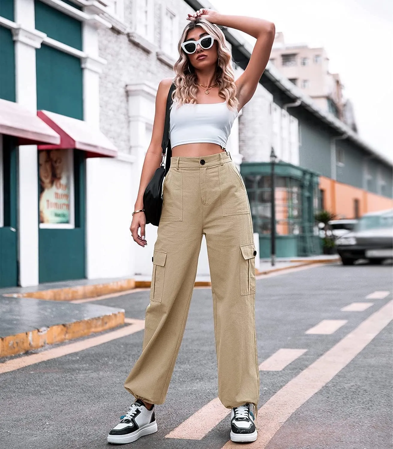utcoco Women's High Waist Straight Leg Cargo Pants Casual Relaxed Fit Multiple Pockets Work Pants