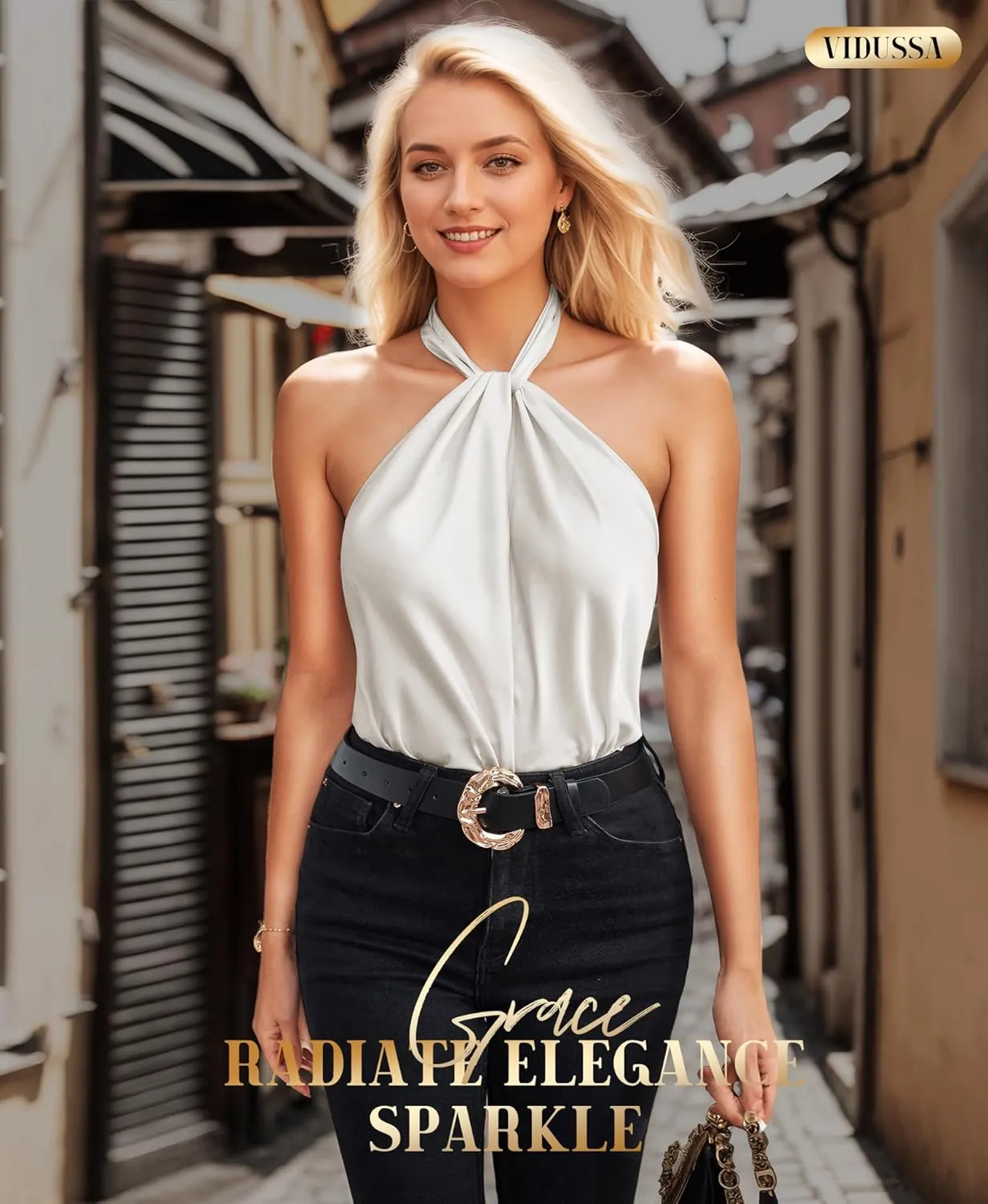 VIDUSSA Halter Tank Tops for Women - Satin Camisole Backless V Neck Criss Cross Off Shoulder Sleeveless Tops Silk Shirt