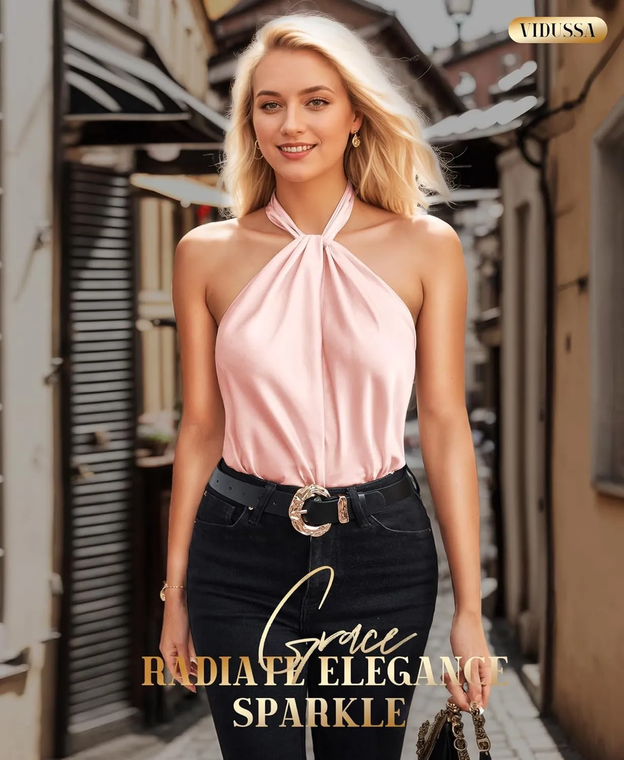 VIDUSSA Halter Tank Tops for Women - Satin Camisole Backless V Neck Criss Cross Off Shoulder Sleeveless Tops Silk Shirt