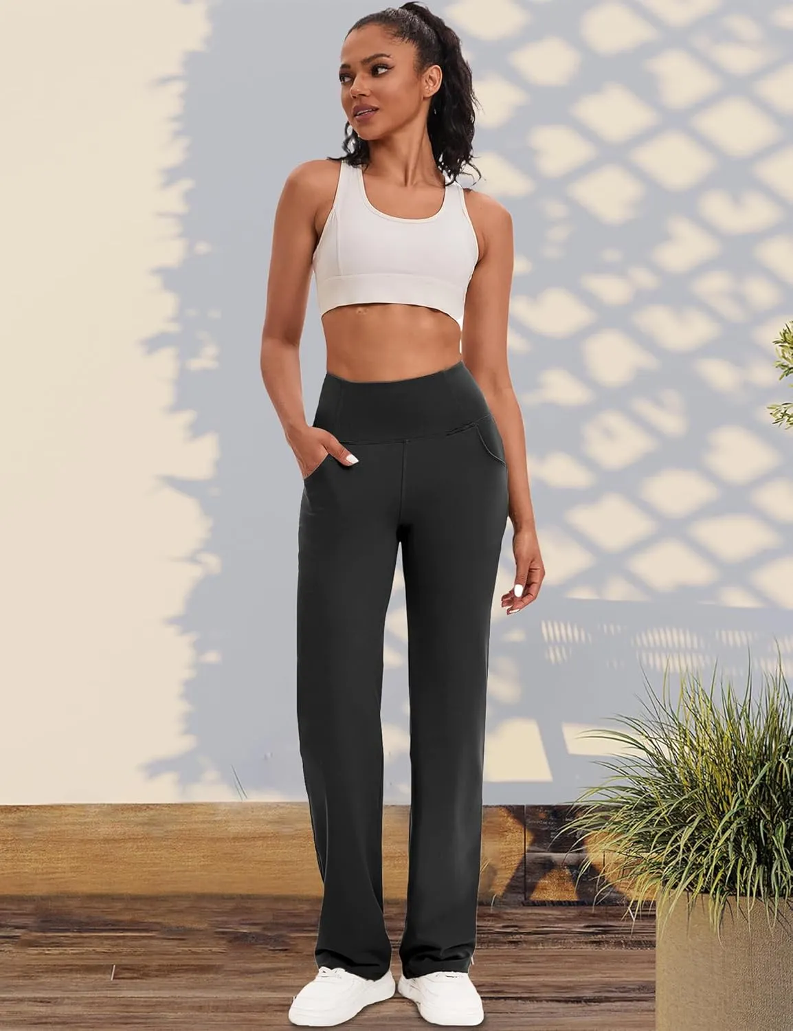 VOOVEEYA Yoga Pants Women with Pockets, Straight Wide Leg Pants High Waisted Work Dress Pants Petite/Regular/Tall