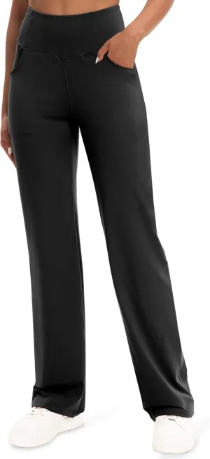 VOOVEEYA Yoga Pants Women with Pockets, Straight Wide Leg Pants High Waisted Work Dress Pants Petite/Regular/Tall
