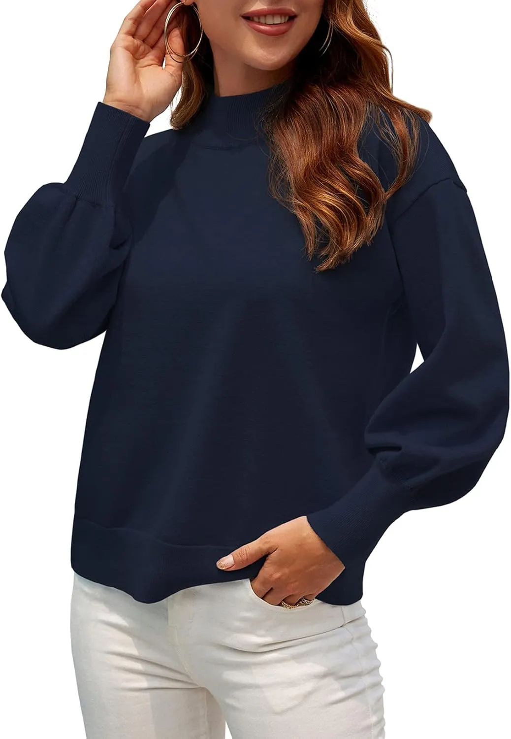 WEACZZY Women's 2025 Fall Fashion Casual Sweaters Mock Neck Long Lantern Sleeve Lightweight Knit Pullover Sweater Tops