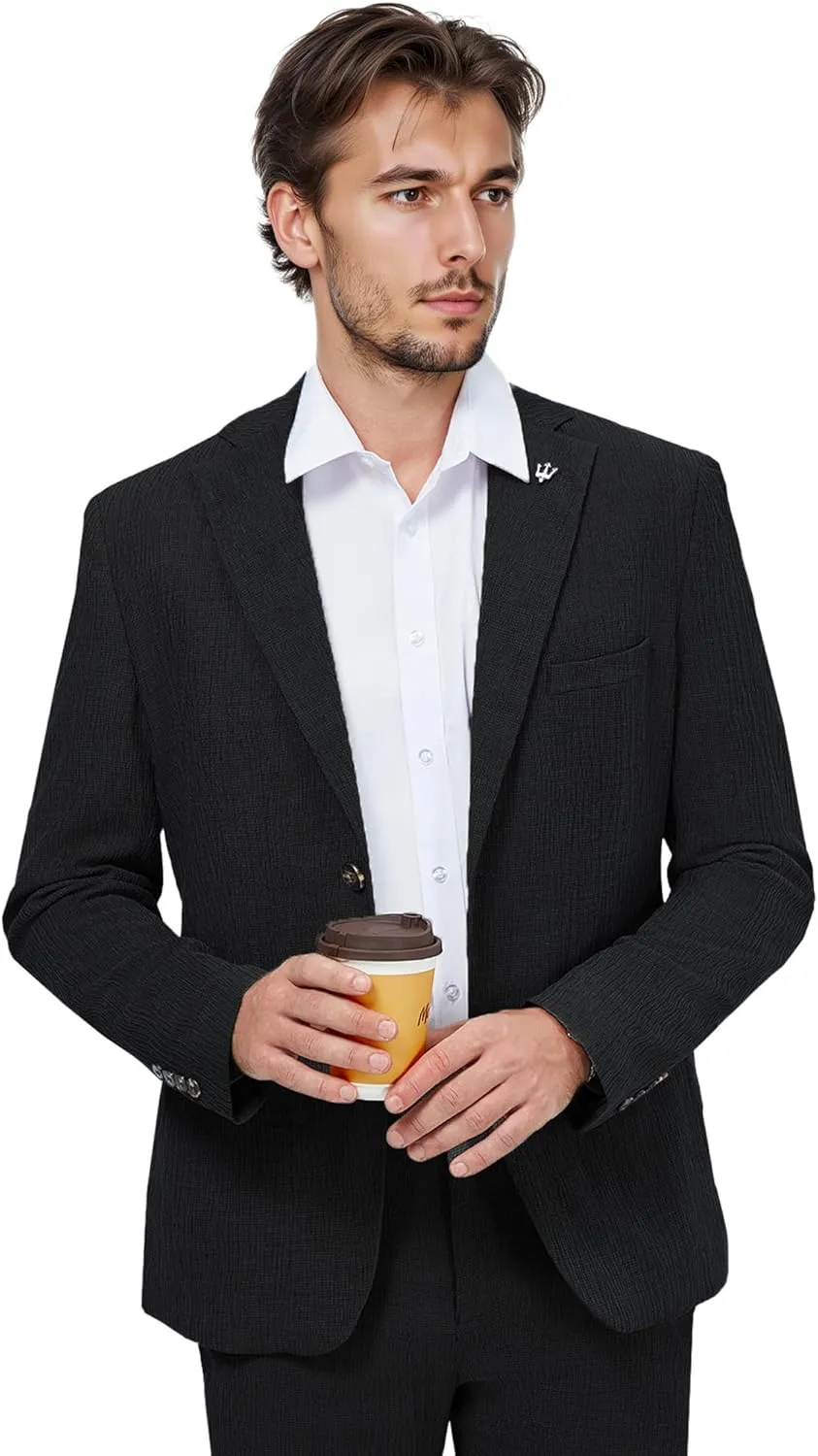 WEEN CHARM Men's Summer Seersucker Suit-2-Piece Blazer and Pants Set-Lightweight,Breathable,Casual,Cool and Comfortable