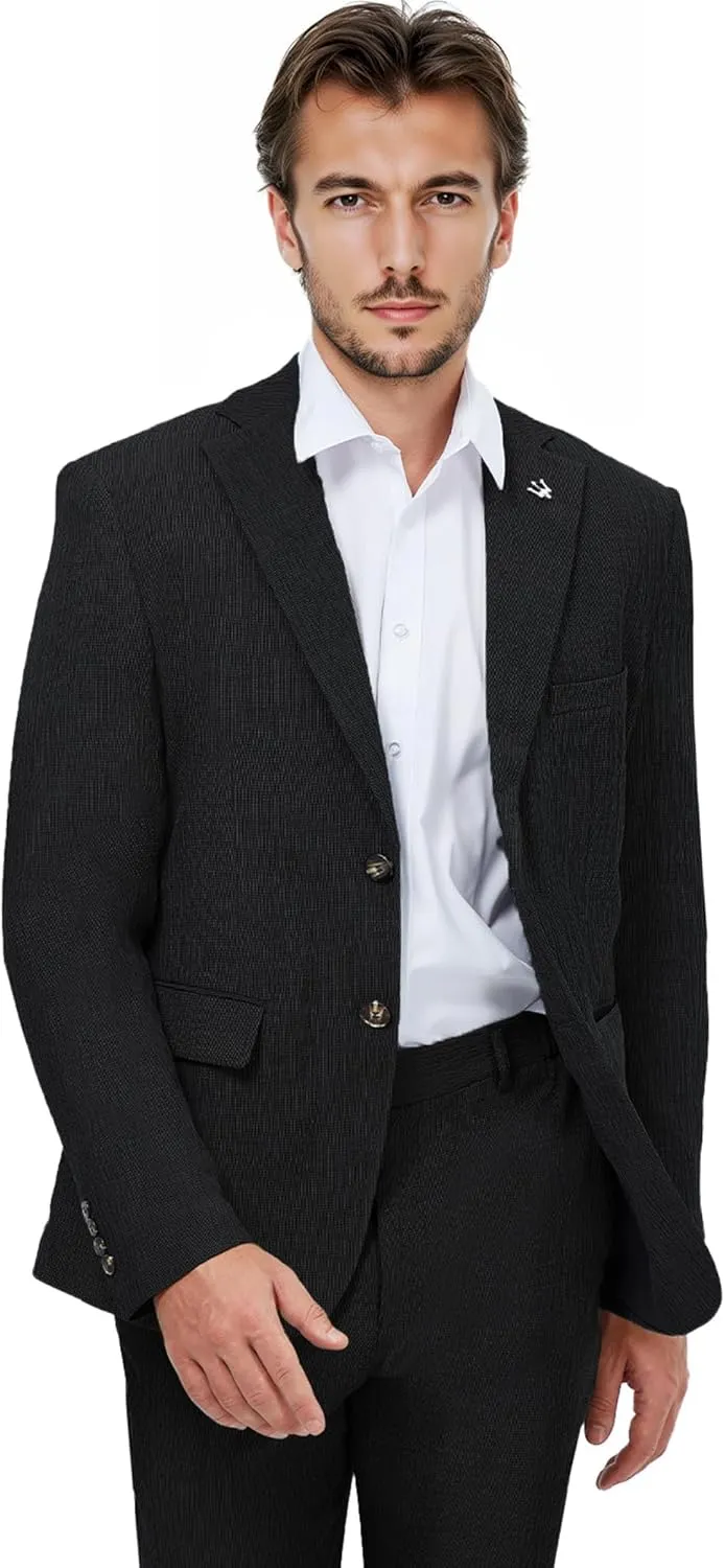 WEEN CHARM Men's Summer Seersucker Suit-2-Piece Blazer and Pants Set-Lightweight,Breathable,Casual,Cool and Comfortable