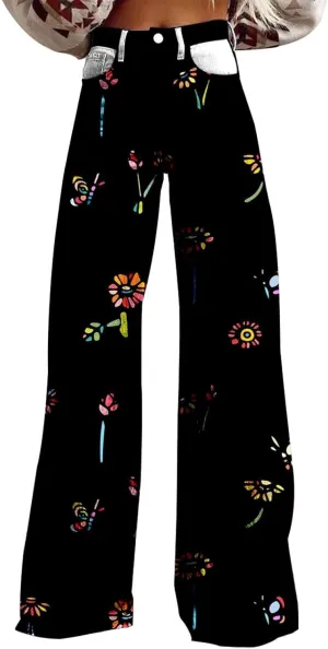 Wide Leg Pants for Women Fashion Casual Floral Print High Waist Buttoned Loose Flared Trouser Fall Vintage Work Pants