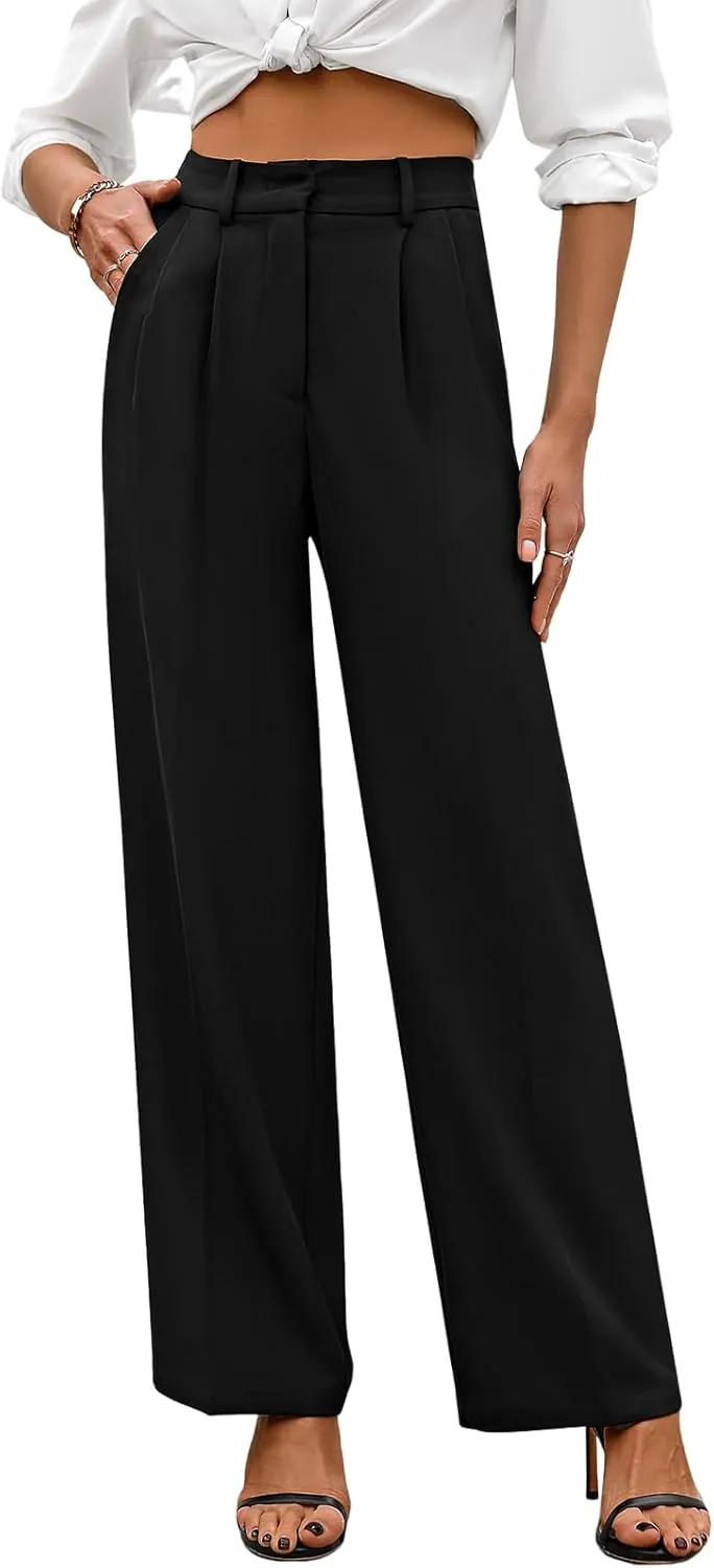 Wide Leg Pants | High Waisted Trousers with Pockets | Comfortable Work Pants | Business Casual Pants | Black Women's Pants in Small Sizes