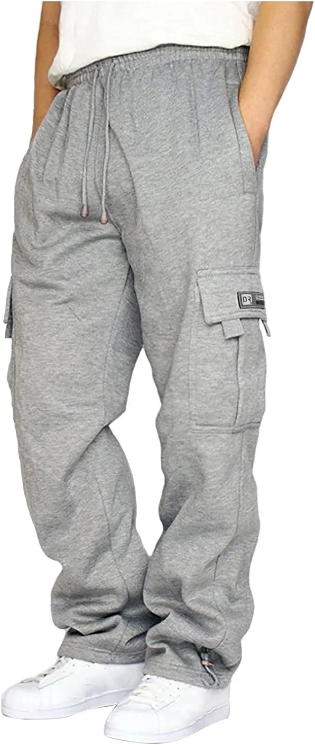 Wide Leg Sweatpants Men Open Bottom Drawstring Waist Cargo Pants with Pockets Baggy Mencomfy Athletic Gym Sweat Pants
