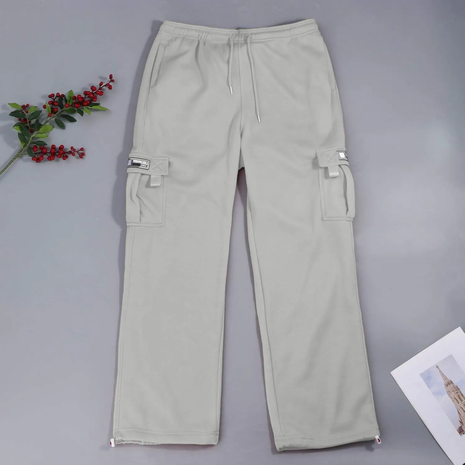 Wide Leg Sweatpants Men Open Bottom Drawstring Waist Cargo Pants with Pockets Baggy Mencomfy Athletic Gym Sweat Pants