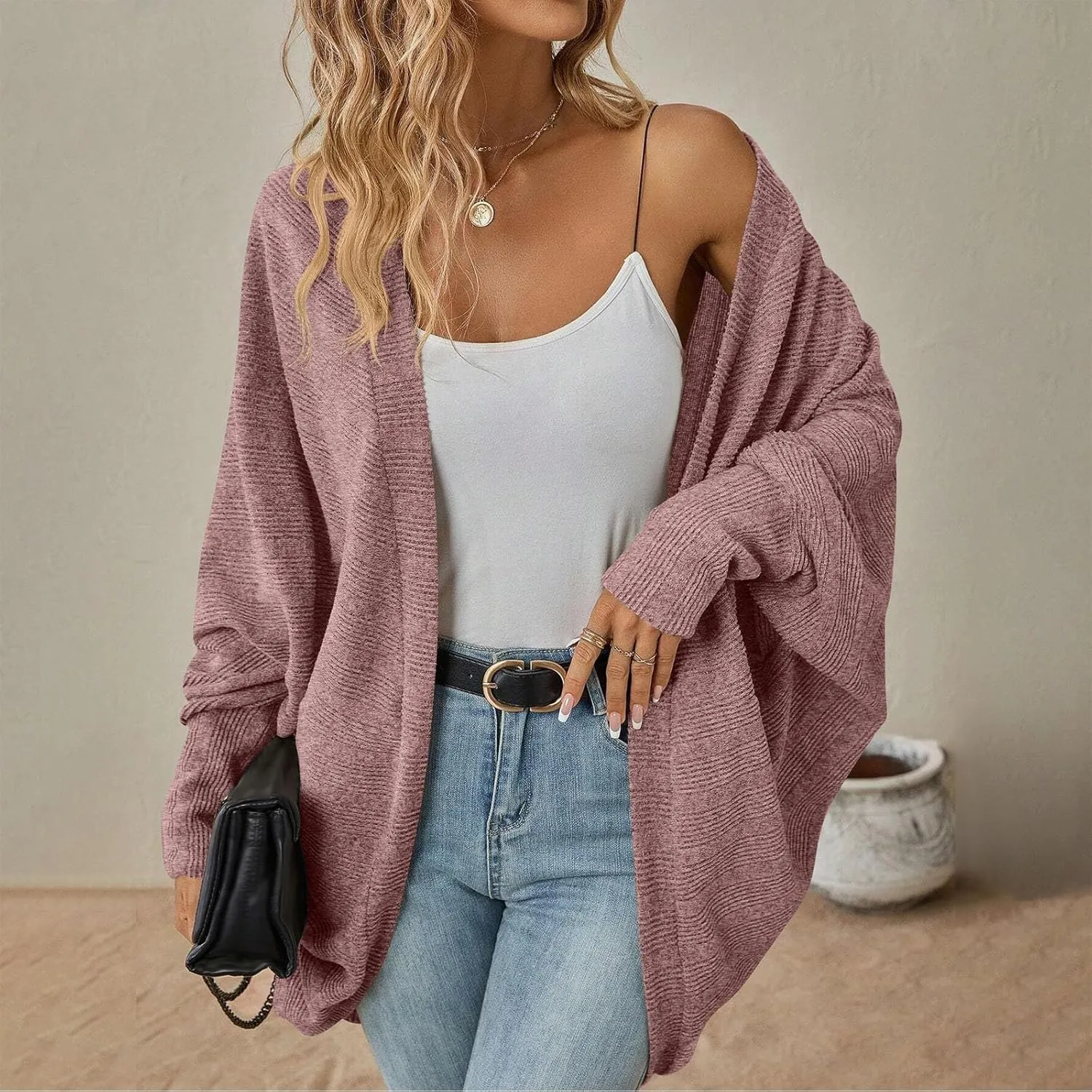 Women Batwing Sleeve Sweater Cardigan Soft Knit Coats Open Front Cocoon Sweaters Casual Loose Cardigans Outerwear
