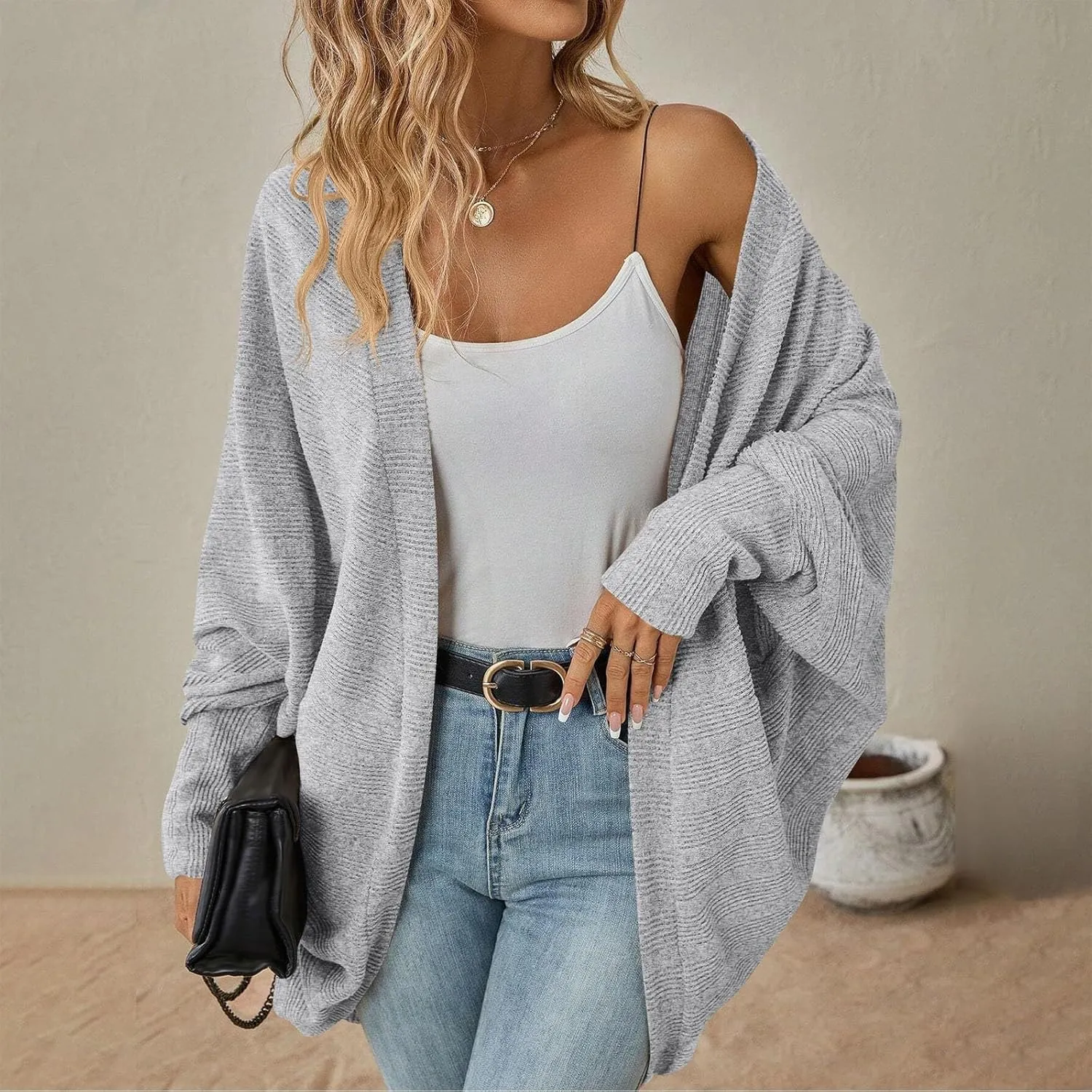 Women Batwing Sleeve Sweater Cardigan Soft Knit Coats Open Front Cocoon Sweaters Casual Loose Cardigans Outerwear