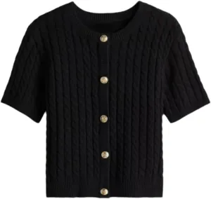 Women Cable Knit Short Sleeved Sweater Cardigan Casual Button Up Soft Solid Sweater Shirt