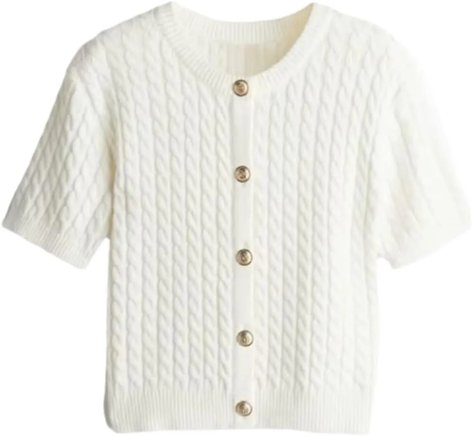 Women Cable Knit Short Sleeved Sweater Cardigan Casual Button Up Soft Solid Sweater Shirt
