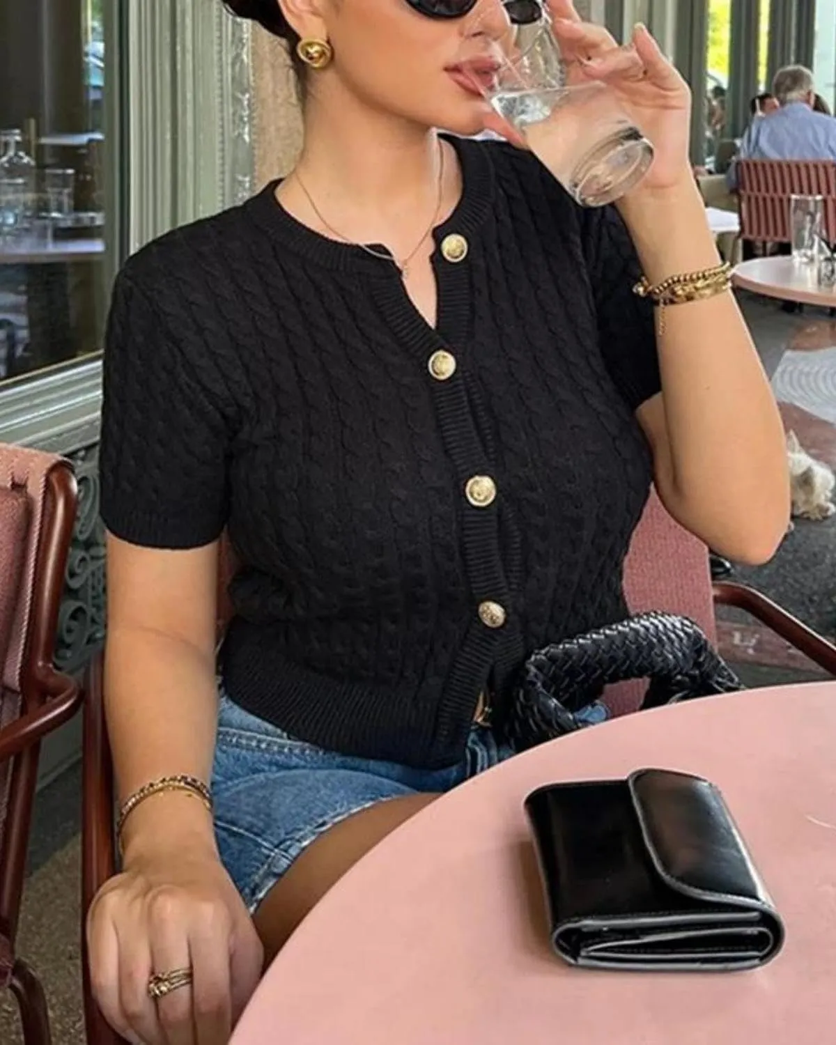 Women Cable Knit Short Sleeved Sweater Cardigan Casual Button Up Soft Solid Sweater Shirt