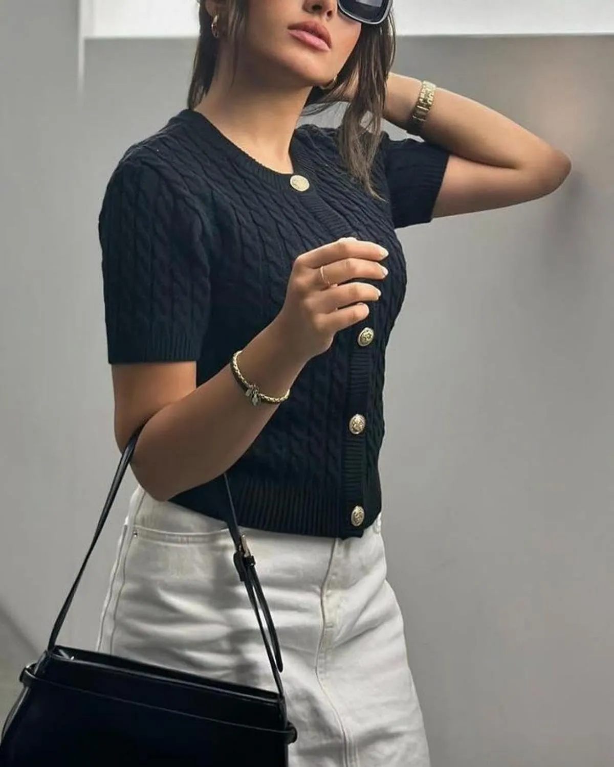 Women Cable Knit Short Sleeved Sweater Cardigan Casual Button Up Soft Solid Sweater Shirt