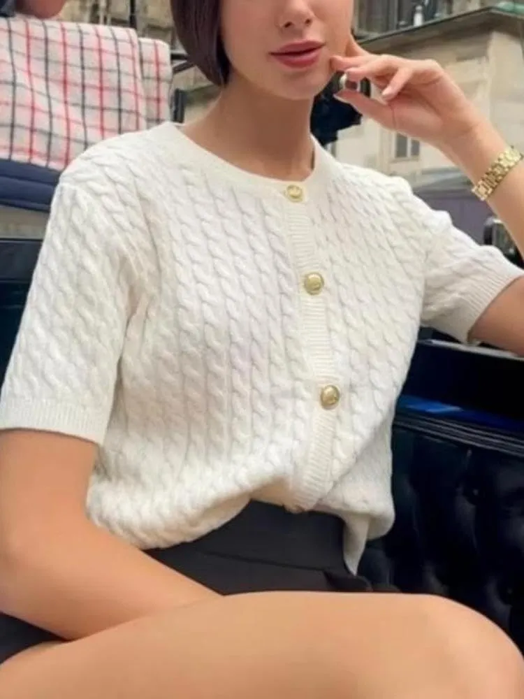 Women Cable Knit Short Sleeved Sweater Cardigan Casual Button Up Soft Solid Sweater Shirt