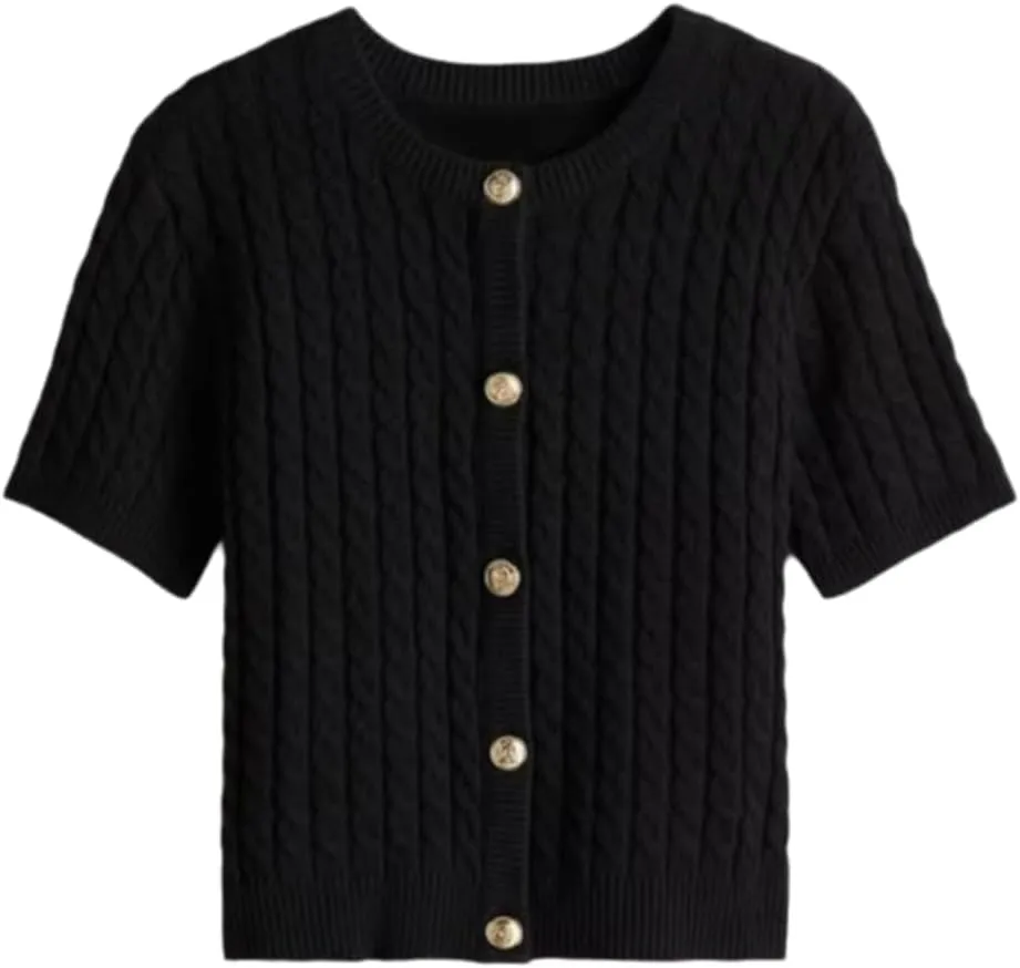 Women Cable Knit Short Sleeved Sweater Cardigan Casual Button Up Soft Solid Sweater Shirt