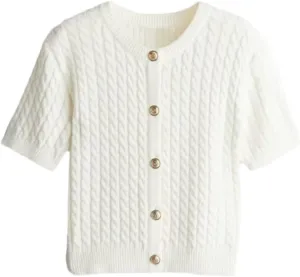 Women Cable Knit Short Sleeved Sweater Cardigan Casual Button Up Soft Solid Sweater Shirt