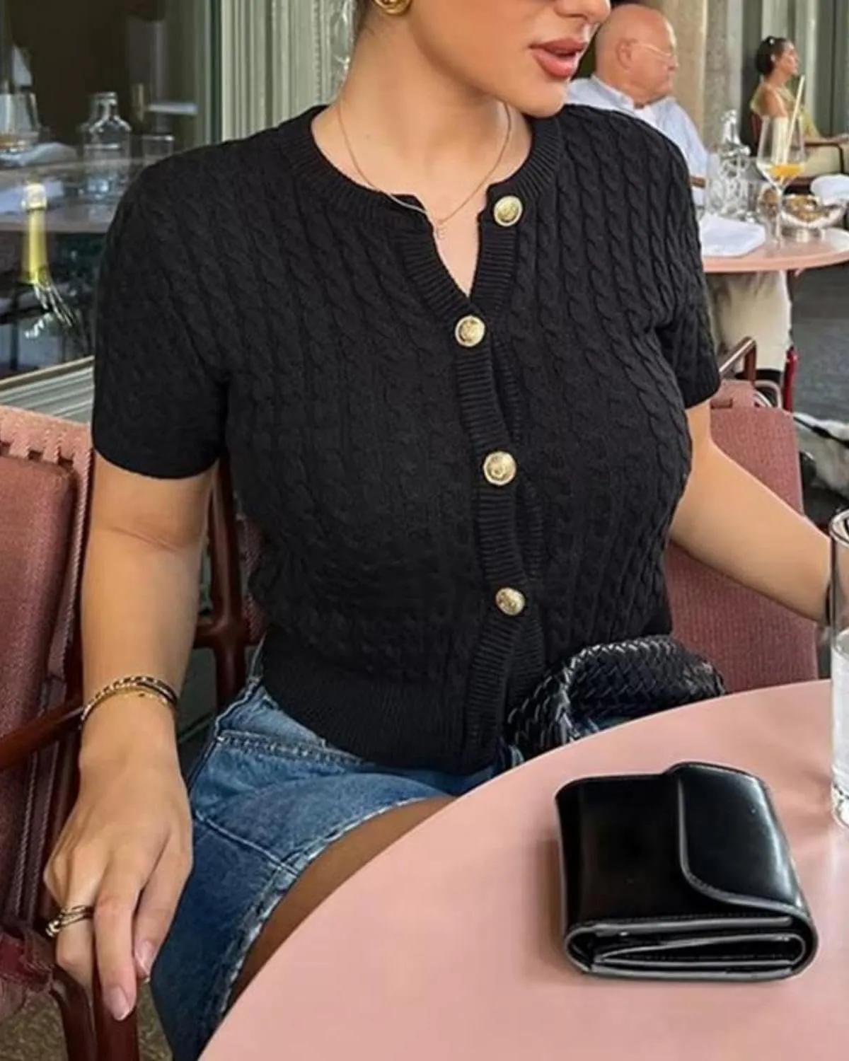 Women Cable Knit Short Sleeved Sweater Cardigan Casual Button Up Soft Solid Sweater Shirt