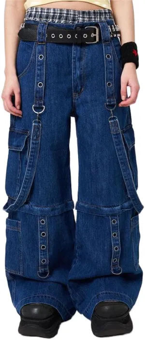 Women Cargo Pants Gothic Striped Low Waist Wide Leg Baggy Jeans Y2k Hip Hop Denim Pants Emo Grunge Streetwear Jeans