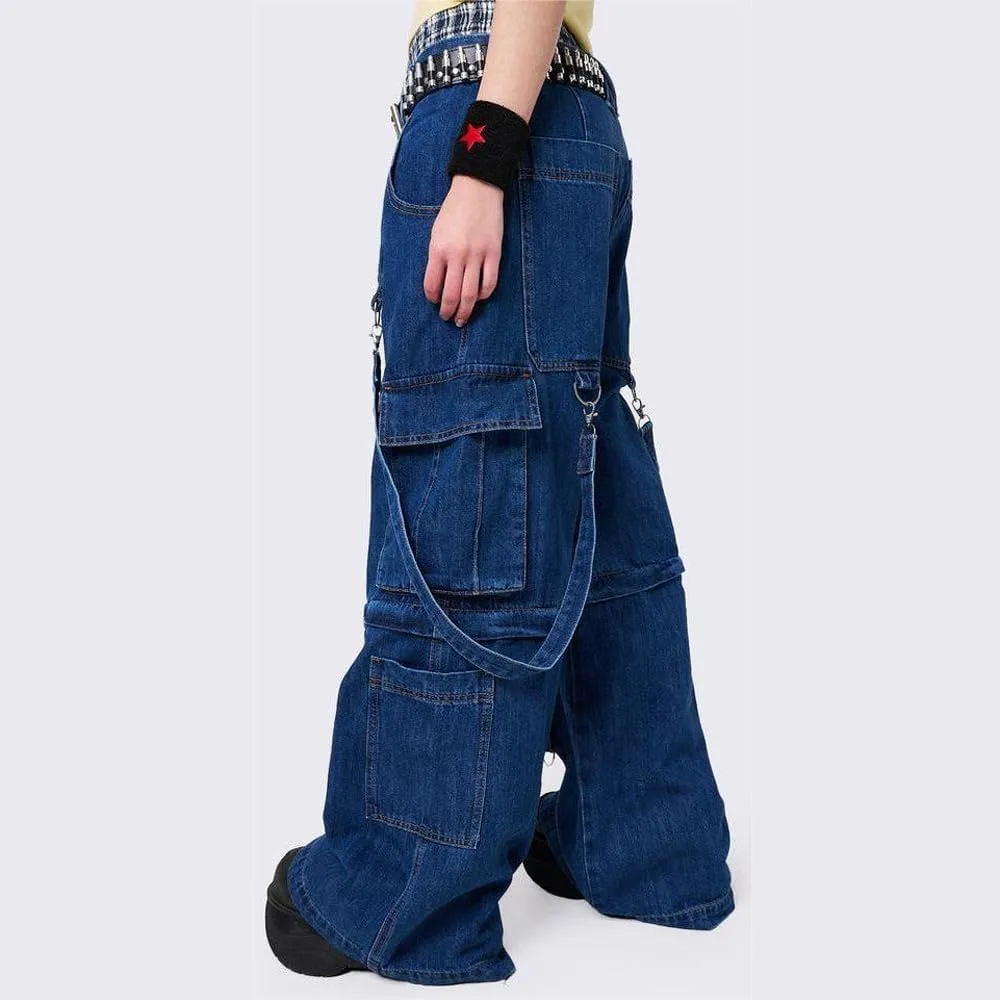 Women Cargo Pants Gothic Striped Low Waist Wide Leg Baggy Jeans Y2k Hip Hop Denim Pants Emo Grunge Streetwear Jeans