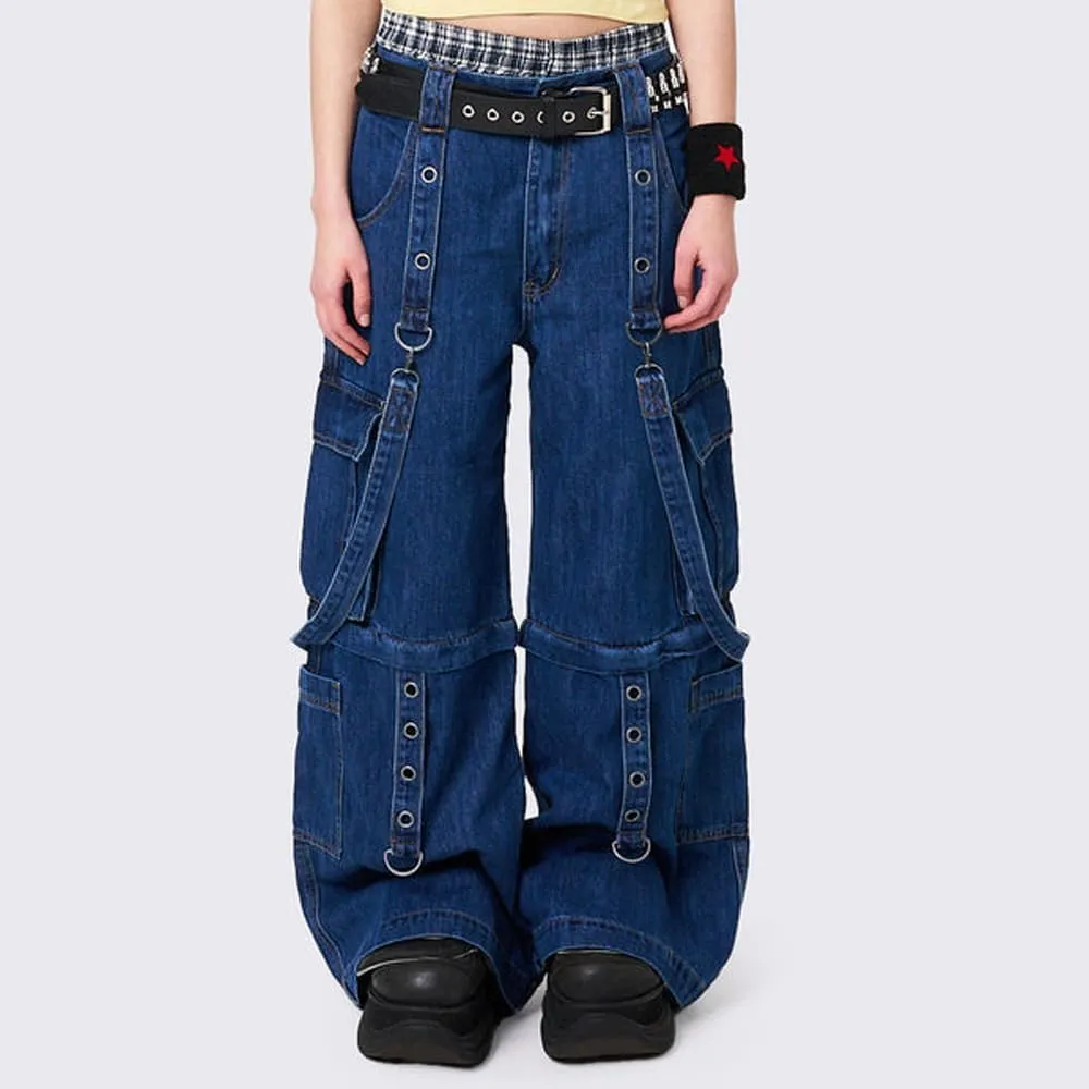 Women Cargo Pants Gothic Striped Low Waist Wide Leg Baggy Jeans Y2k Hip Hop Denim Pants Emo Grunge Streetwear Jeans