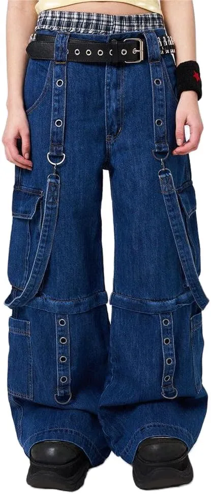 Women Cargo Pants Gothic Striped Low Waist Wide Leg Baggy Jeans Y2k Hip Hop Denim Pants Emo Grunge Streetwear Jeans