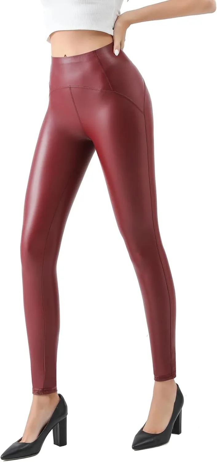 Women Faux Leather Leggings Stretchy High Wiasted Warm Leather Tight Pants