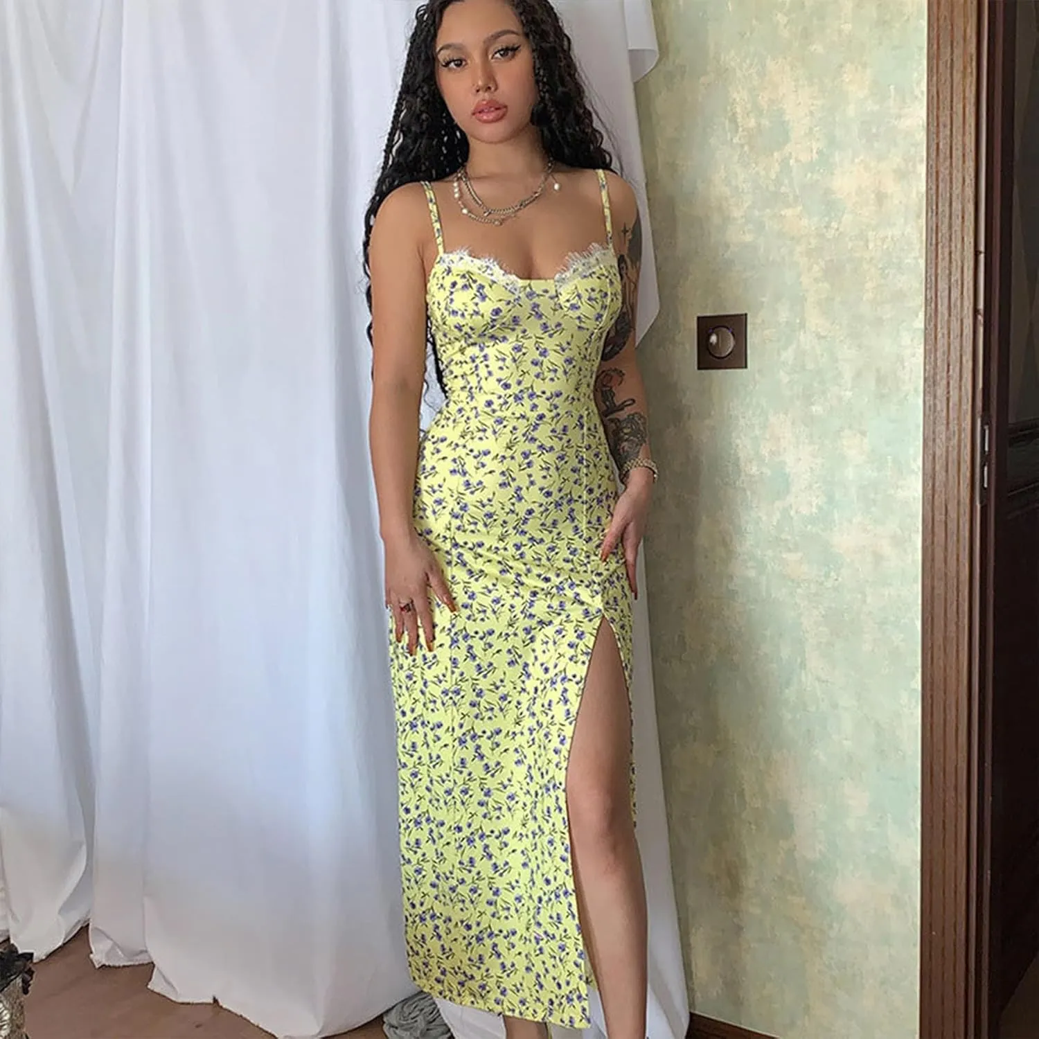 Women Floral Maxi Dress Summer Spaghetti Strap Bodycon Split Slit Lace Trim Side Backless Elegant Long Dresses