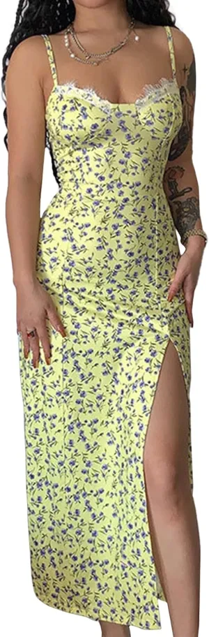 Women Floral Maxi Dress Summer Spaghetti Strap Bodycon Split Slit Lace Trim Side Backless Elegant Long Dresses