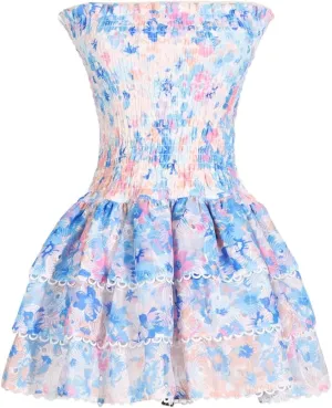 Women Floral Print Spliced Ruffles Short Dresses Strapless Sleeveless High Waist Slim Mini Dress