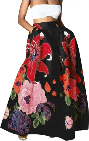 Women Maxi Skirt Floral Print High Waist Pocket Party Beach Long Skirt Sexy Party Dresses for Women Clubbing Plus Size