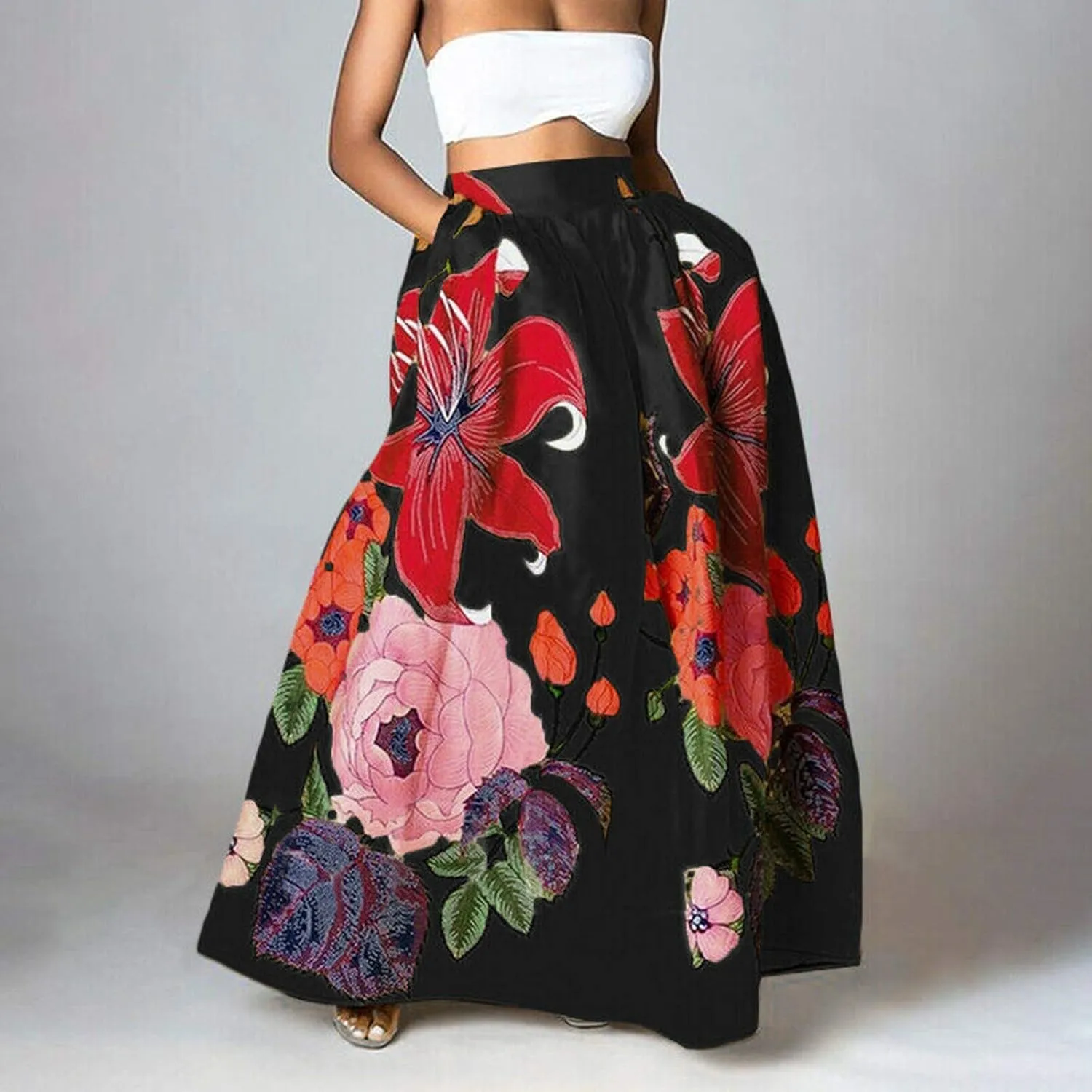 Women Maxi Skirt Floral Print High Waist Pocket Party Beach Long Skirt Sexy Party Dresses for Women Clubbing Plus Size