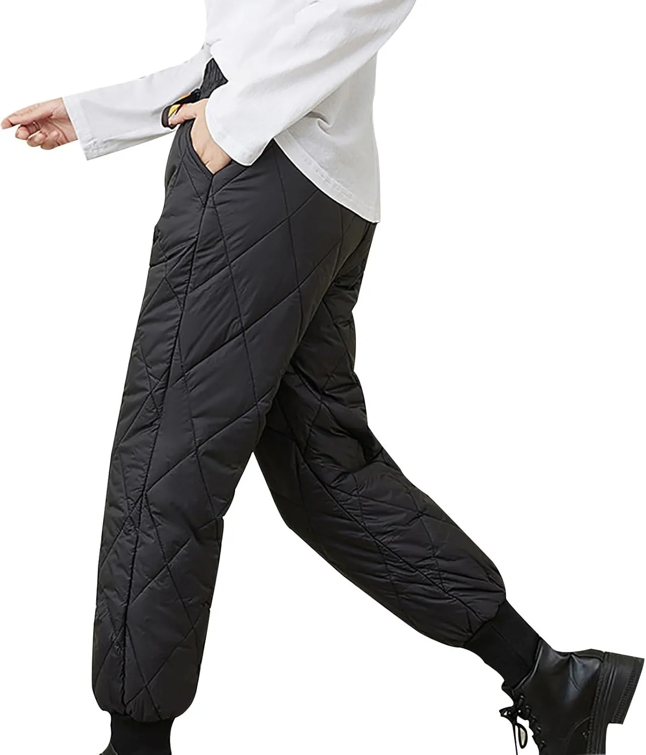 Women Winter Warm Packable Down Pant Elastic High Waist Quilted Cinch Bottom Sweatpants Lightweight Snow Ski Trousers
