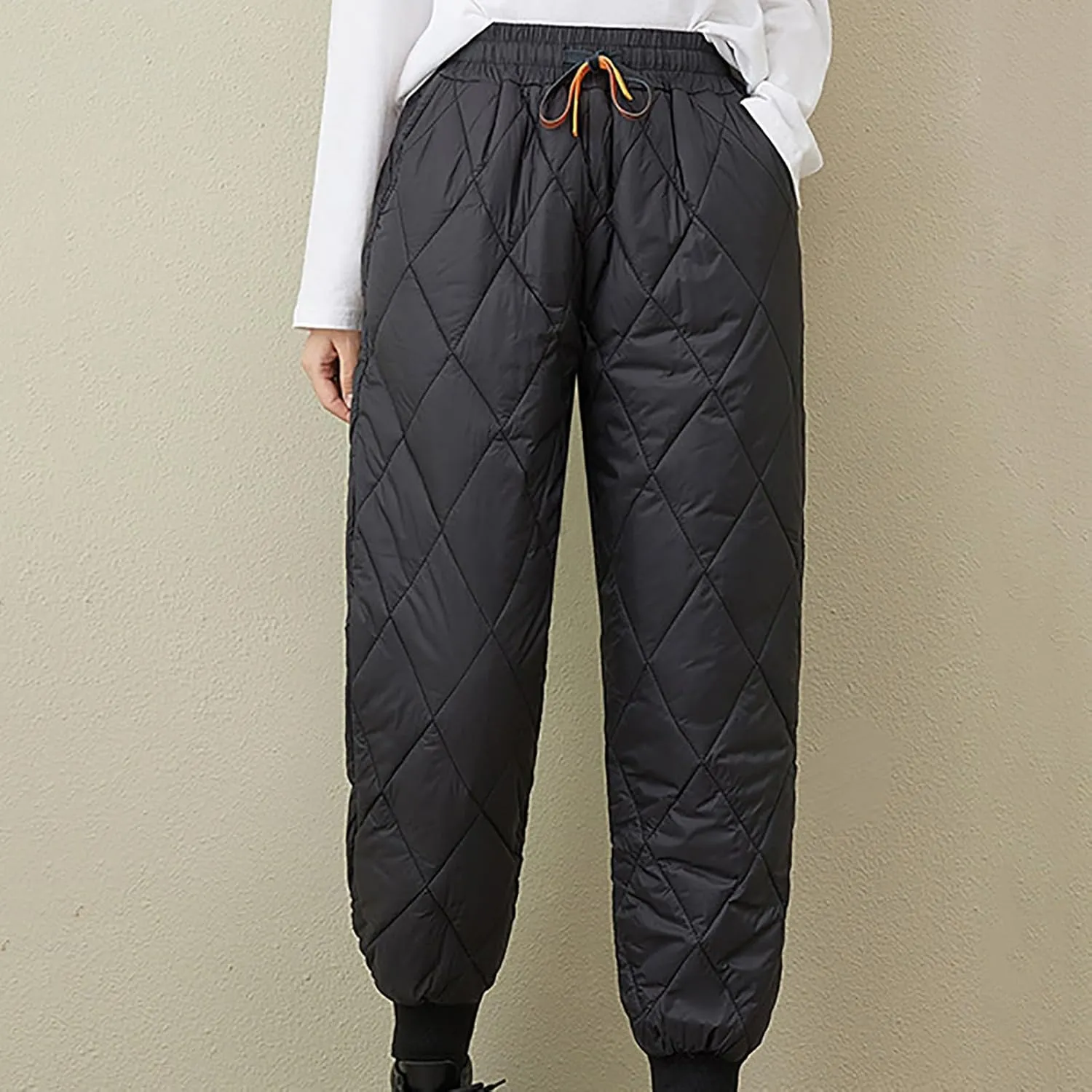 Women Winter Warm Packable Down Pant Elastic High Waist Quilted Cinch Bottom Sweatpants Lightweight Snow Ski Trousers
