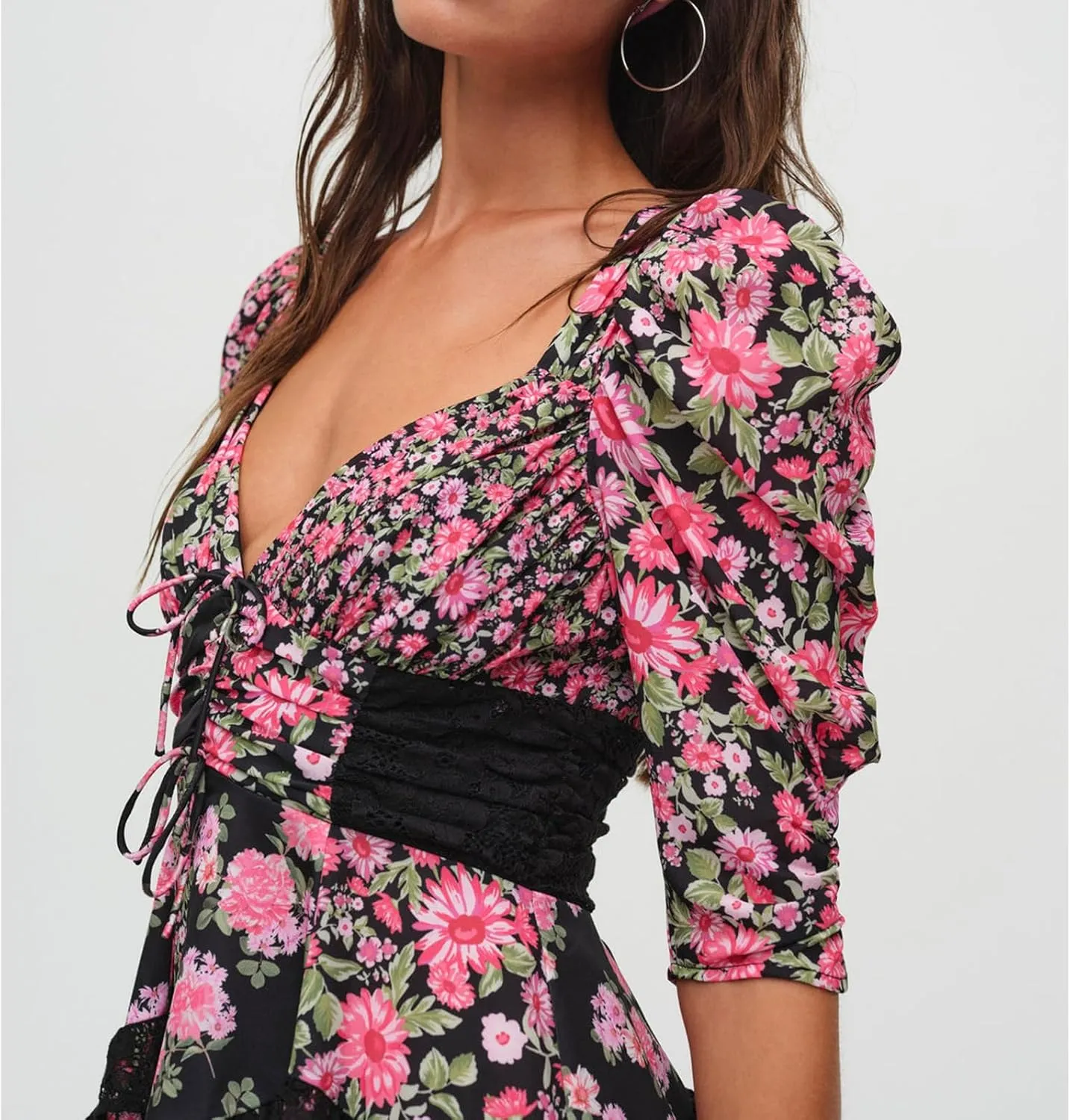 Women Y2k Lace Floral Patchwork Mini Ruffle Dress Sweetheart Puff Short Sleeve Tiered A Line Short Dresses