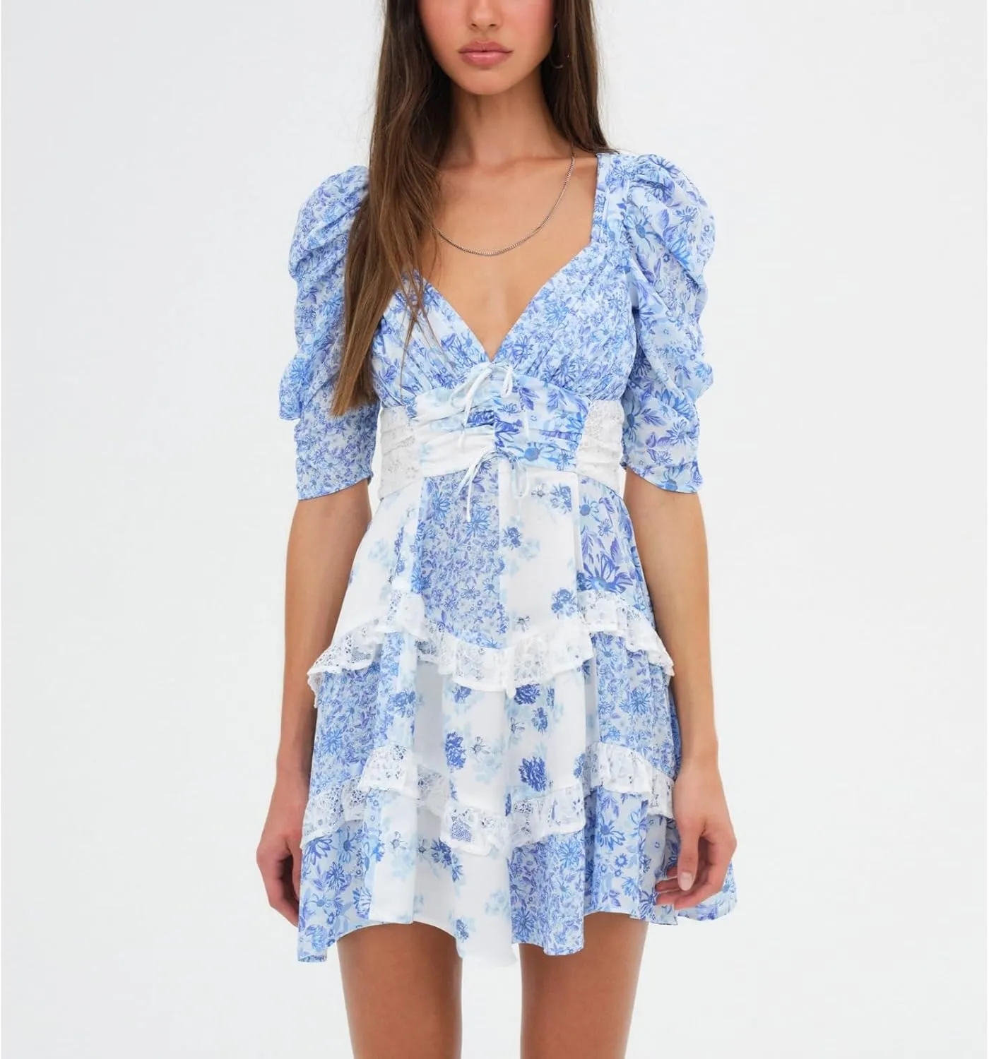 Women Y2k Lace Floral Patchwork Mini Ruffle Dress Sweetheart Puff Short Sleeve Tiered A Line Short Dresses