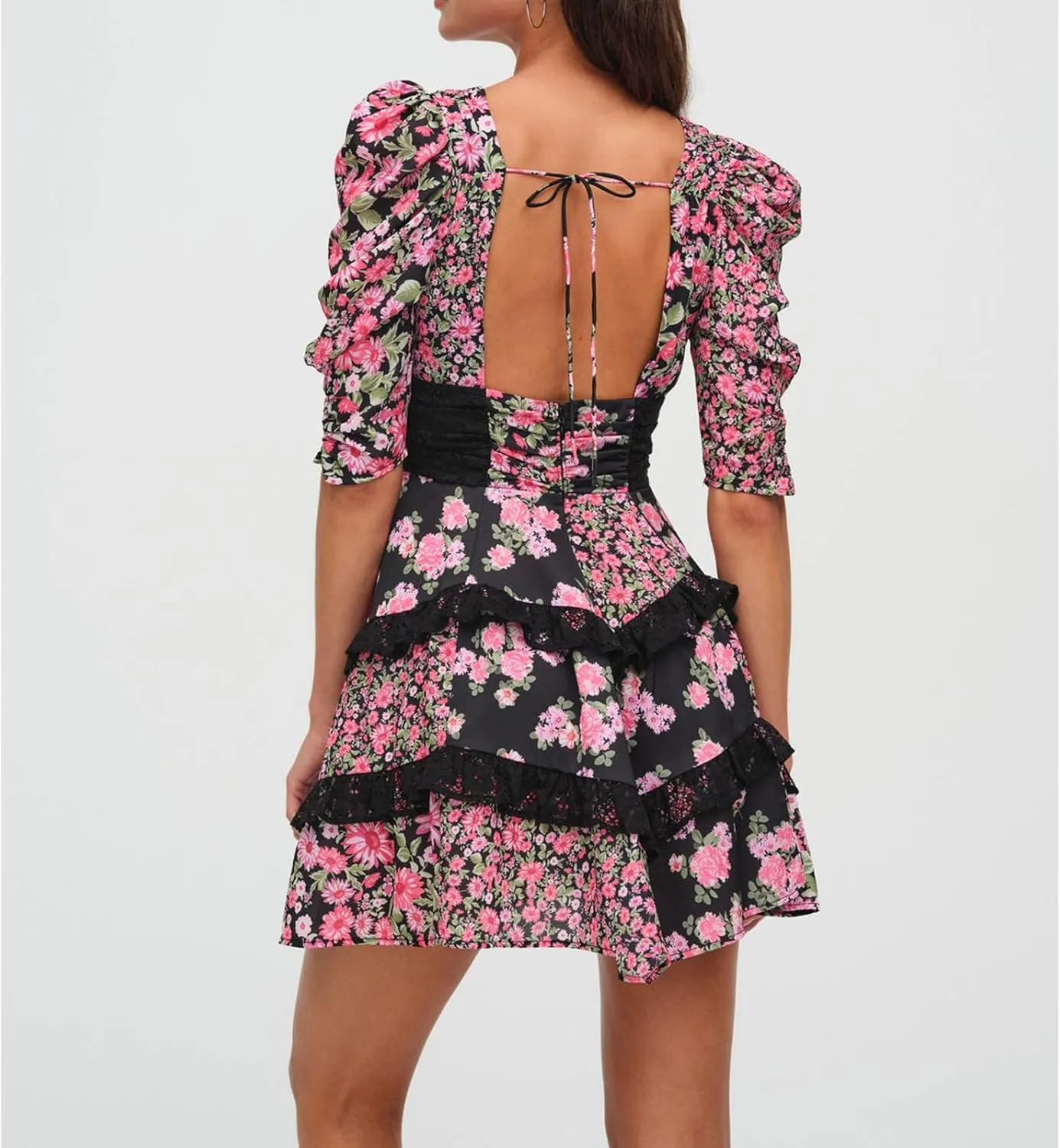 Women Y2k Lace Floral Patchwork Mini Ruffle Dress Sweetheart Puff Short Sleeve Tiered A Line Short Dresses