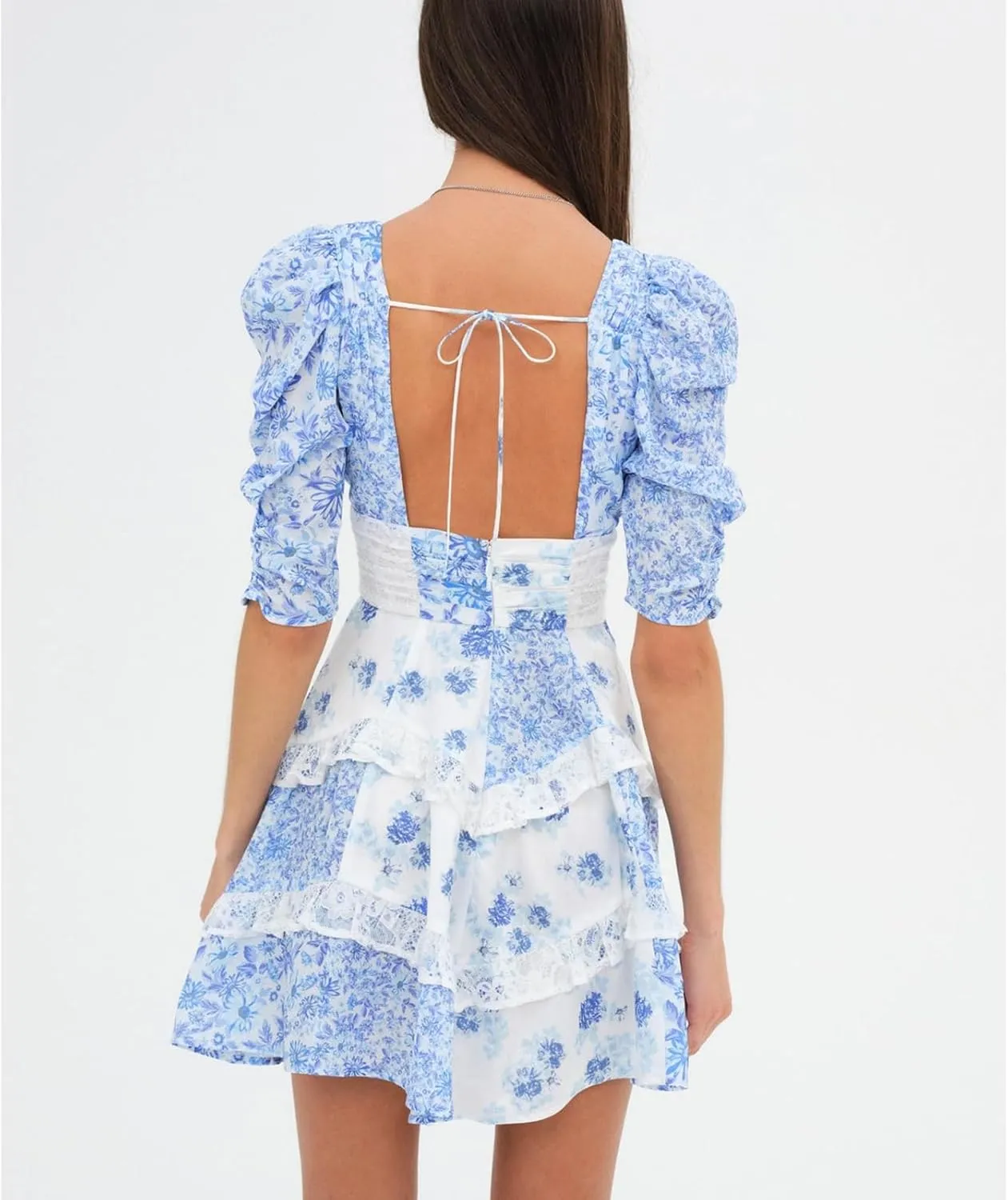 Women Y2k Lace Floral Patchwork Mini Ruffle Dress Sweetheart Puff Short Sleeve Tiered A Line Short Dresses