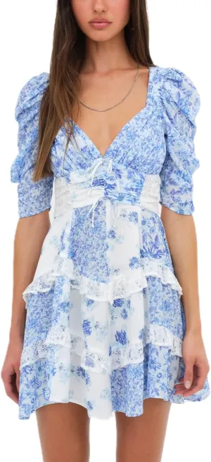 Women Y2k Lace Floral Patchwork Mini Ruffle Dress Sweetheart Puff Short Sleeve Tiered A Line Short Dresses