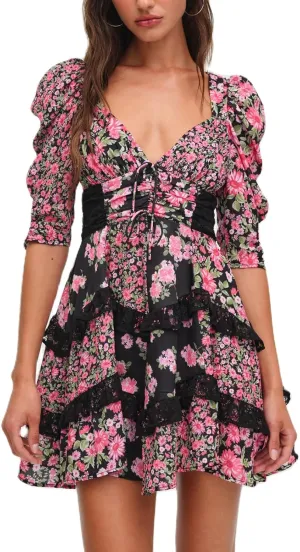 Women Y2k Lace Floral Patchwork Mini Ruffle Dress Sweetheart Puff Short Sleeve Tiered A Line Short Dresses