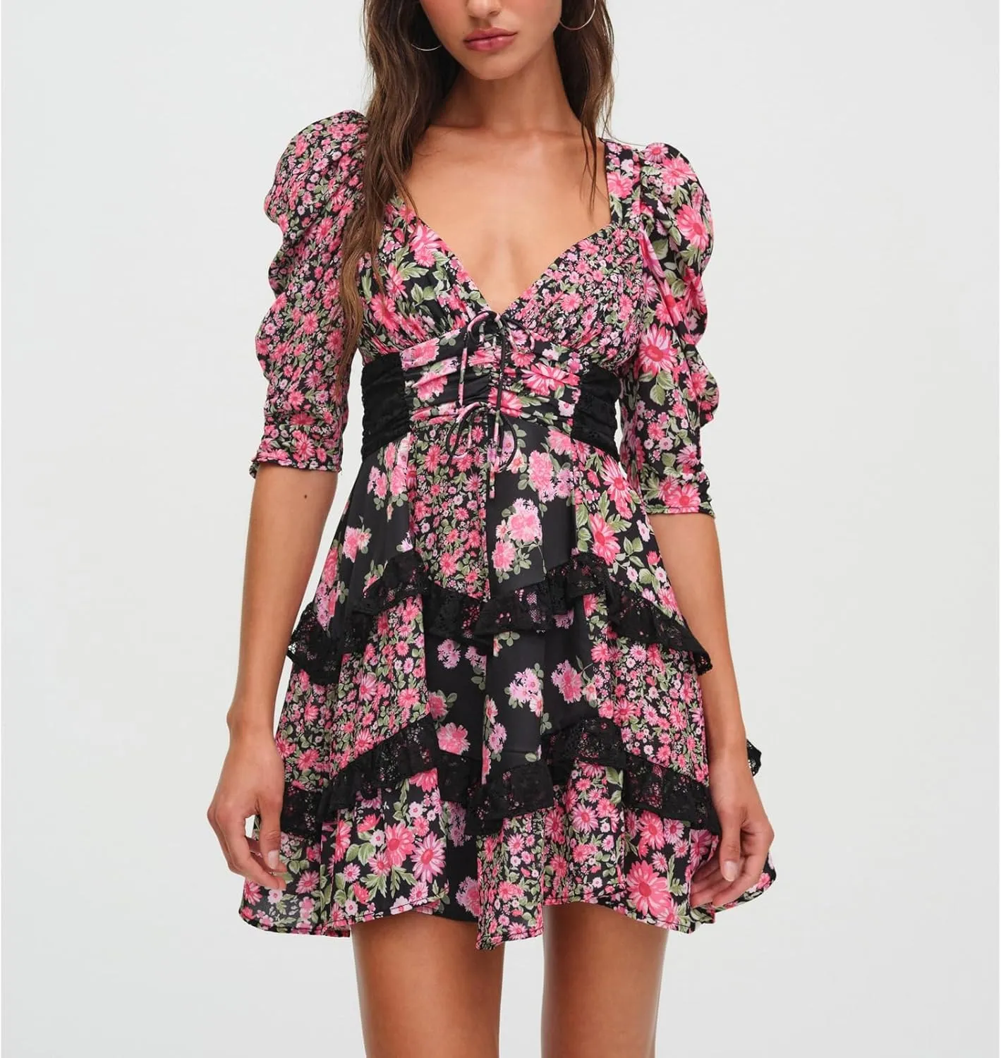 Women Y2k Lace Floral Patchwork Mini Ruffle Dress Sweetheart Puff Short Sleeve Tiered A Line Short Dresses